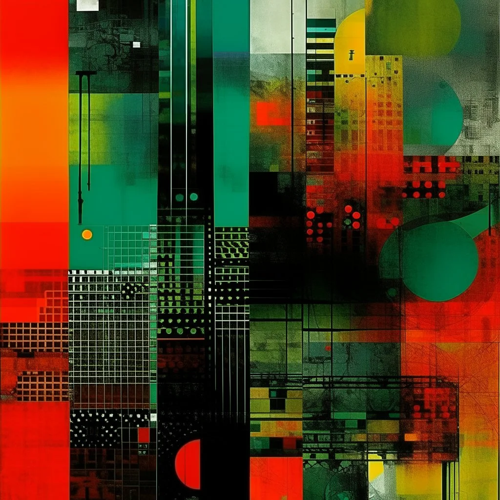 Precise geometries representing a Lovecraftian genealogy, violent deep colors, harsh contrast, abstract art, by Colin McCahon and Victor Pasmore and H.R. Giger, silkscreened mind-bending illustration, asymmetric, Braille code characters, UV x-ray warm colors, Sharp Contrast, minimalism