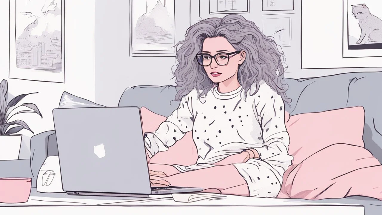 home office fashion, in a cozy living room a woman sitting on a sofa open laptop in front of her she is working, she wearing a loose gray T-shirt with holes and stains in a few places and "text":"I hate humanity!" she is big messy hair and glasses top of her head. wearing pink pajama pants with a cute cat head pattern her home fashion, surrounded notes, paper, calendar, crumpled paper, on table front her coffee mugs, mineral water, books, the room is a mess, very detailed, realistic, best shoot