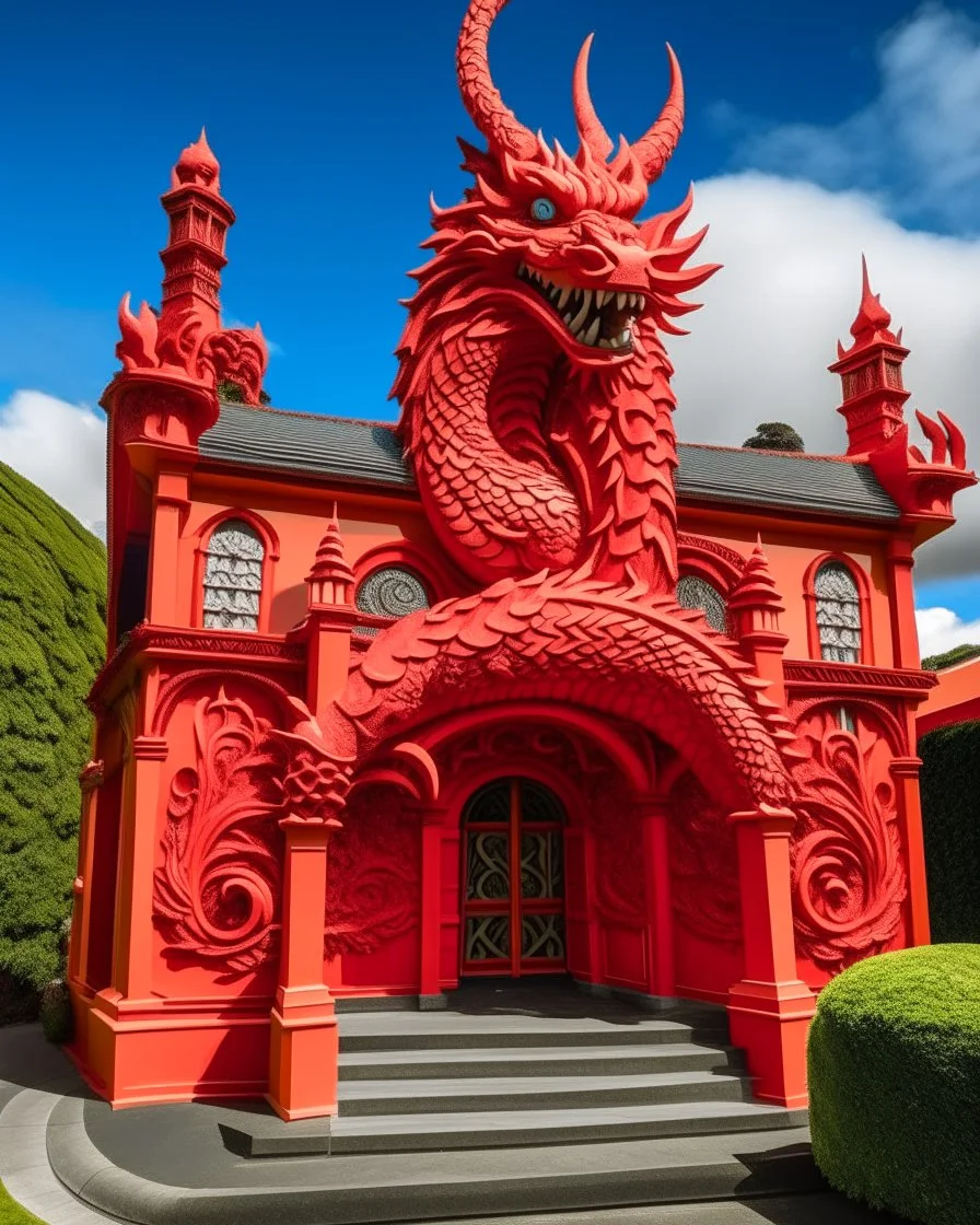 A light red fiery palace with a dragon guarding it designed in Maori sculptures