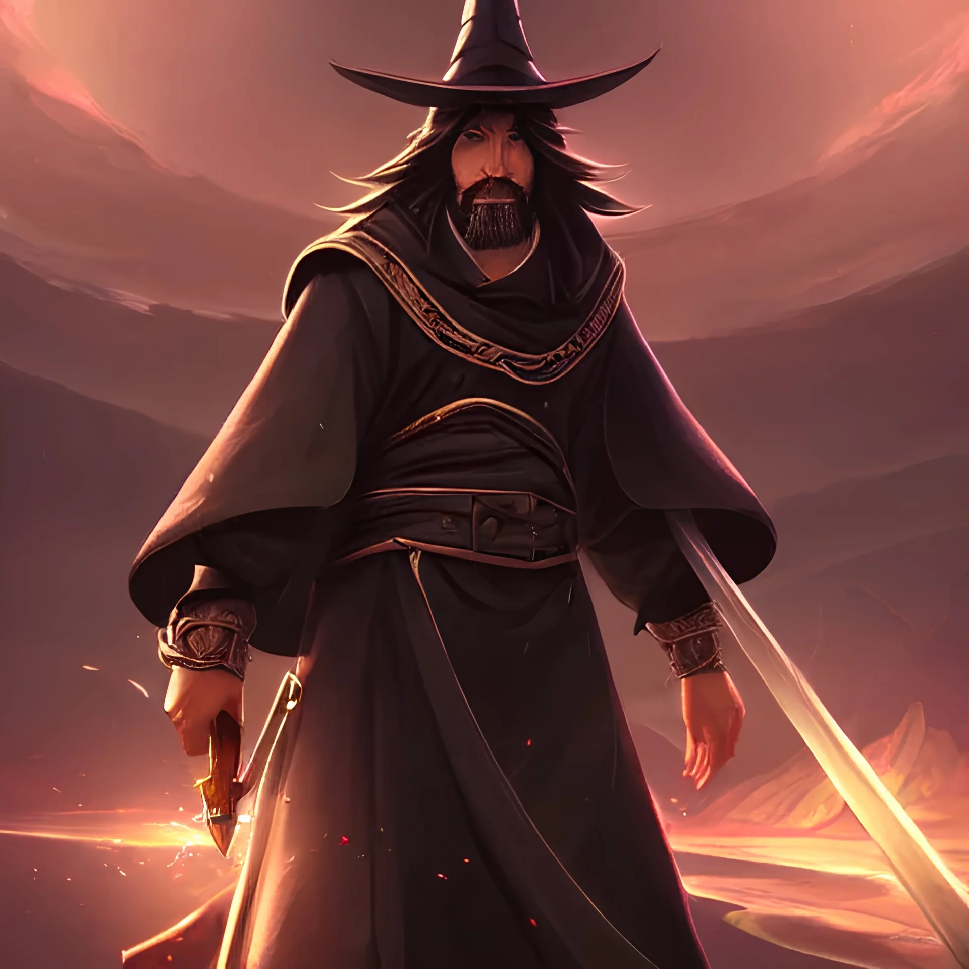 a highly detailed illustration of Hiroyuki Sanada as wizard wearing black robe and mage hat, dramatic magic floating pose, intricate, elegant, highly detailed, centered, digital painting, artstation, concept art, smooth, sharp focus, league of legends concept art, WLOP