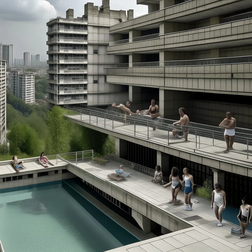 Several people of different genders, ages and races participate in different activities on the balconies and ledges of a brutalist concrete building with a swimming pool at the bottom, overlooking a dense urban city