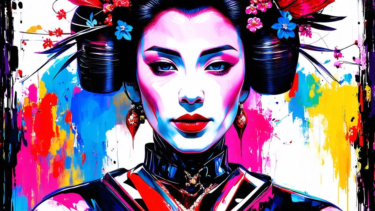 very gorgeous android robot geisha, spontaneous realism, art by style Andrew Salgado ,Françoise Nielly and Luis Ricardo Falero, halftones 8k,