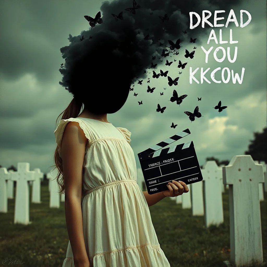 "DREAD IS ALL YOU KNOW" text in shaky writing, metaphoric, girl dressed in an ecru sun dress with a black void face despondently standing in a cemetery holding a small director's clapperboard with a swarm of black butterflies exiting the void face and forming a dark cloud in the sky, hallucinogenic color matte oil painting, photo negative glitchy rainbow pixelated corruption textures, unsettling nightmare setting, moody, sinister, profound, dramatic, fantastical,