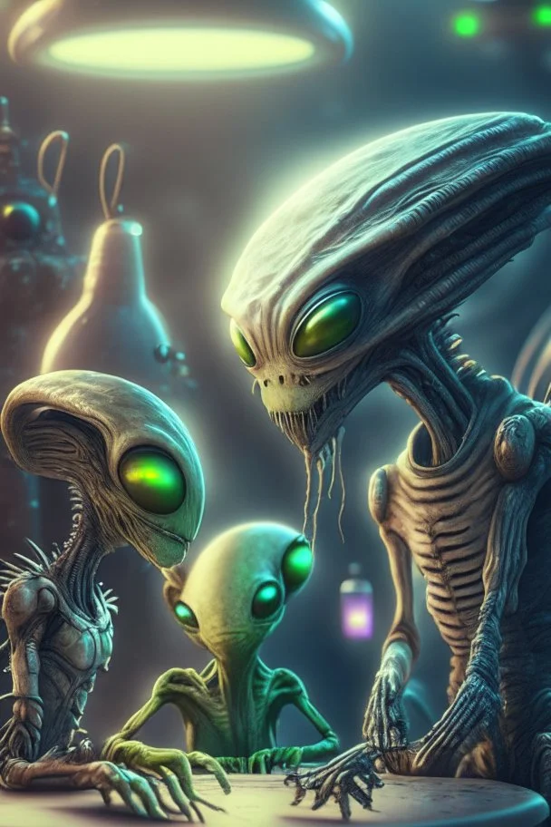 Alien hanging out with friends,highly detailed, artstation, sharp focus,4k