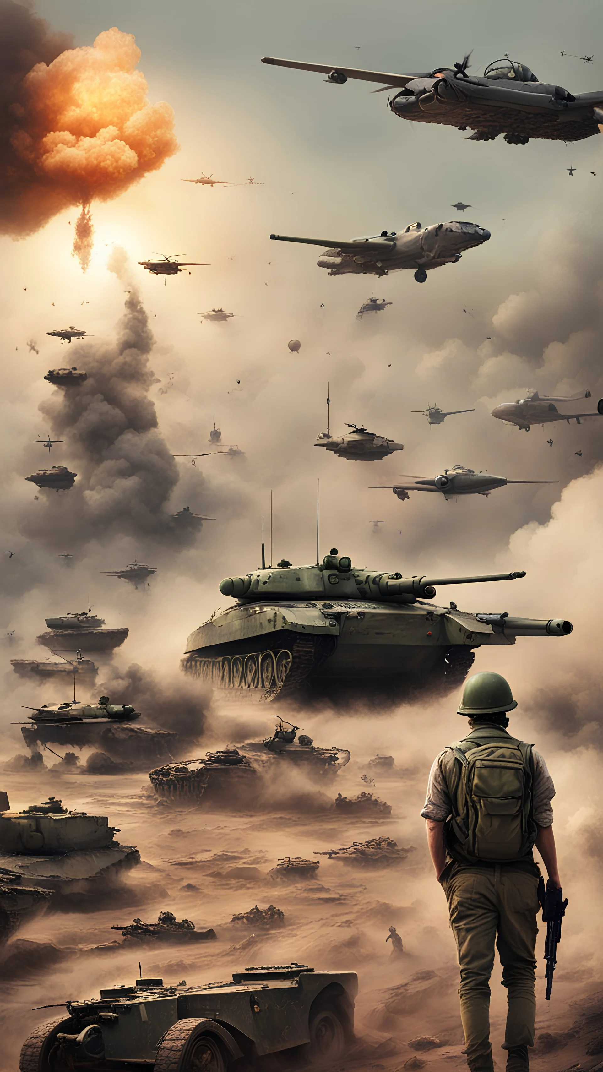 invasion of a country, tanks, airplanes, rockets, soldiers, guns.