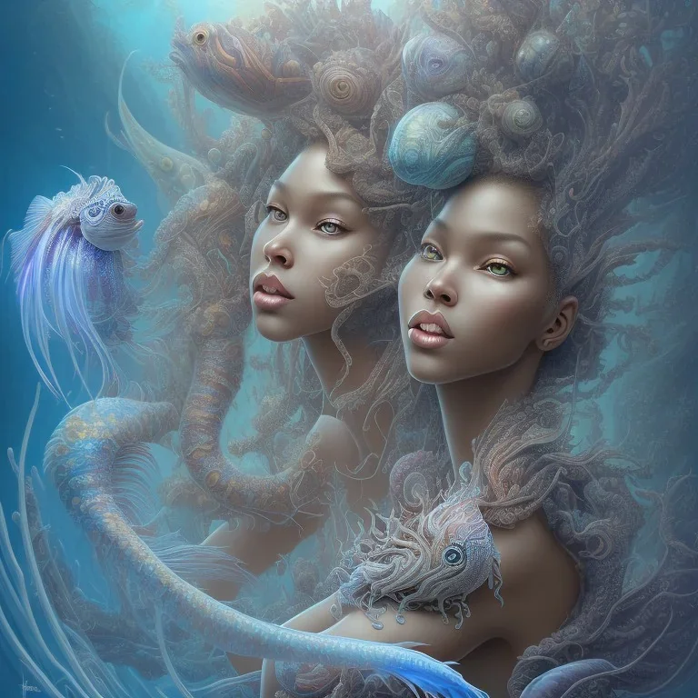 sango fantasy, fantasy magic, intricate, sharp focus, illustration, highly detailed, digital painting, concept art, matte, artgerm and paul lewin and kehinde wiley, masterpiece sexy lips Hawaiian afro lips African lady body mermaid lionfish head blue space lady beach sea under water mermaid seaweed