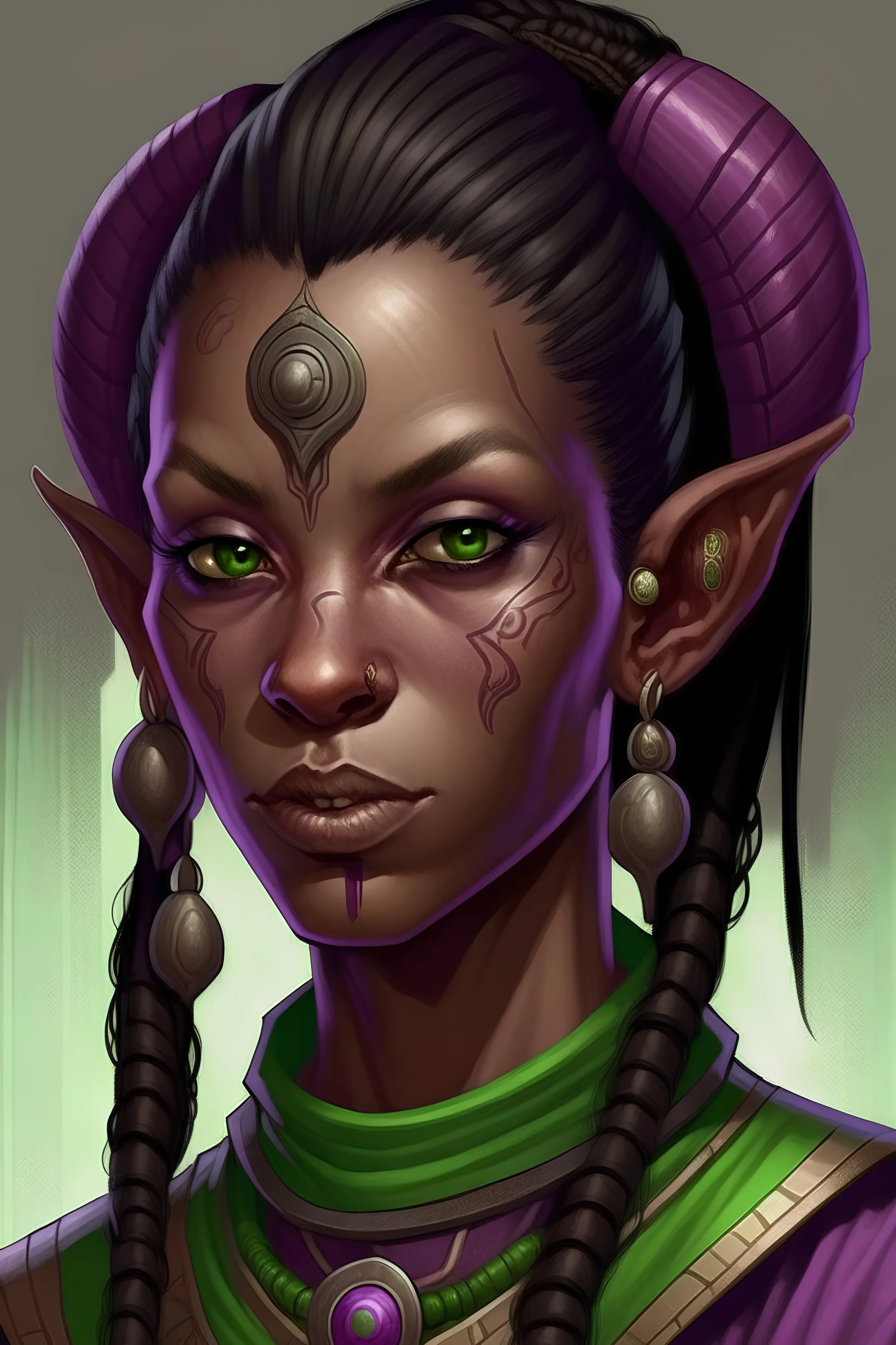 Generate a dungeons and dragons character portrait of the face of a young female Githyanki githyanki were tall and slender humanoids with fair green skin and bright purple eyes that were sunken deep in their orbits. They had long and angular skulls, with small and highly placed flat noses, and ears that were pointed and serrated in the back side. She would have long purple wispy hair covering her shoulders.