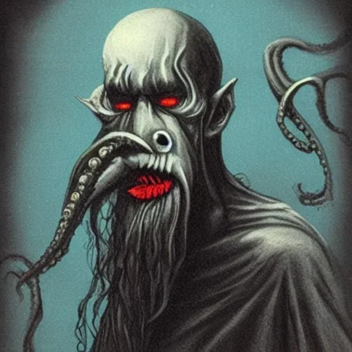 Cthulhu with white skin and a beard made of fleshy tentacles as a Russian Orthodox nosferatu vampire with yellow eyes and vampire fangs