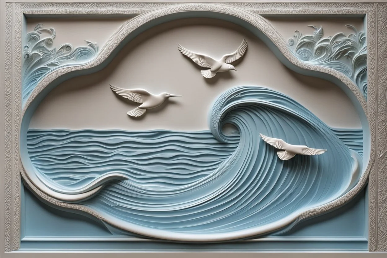 ((pale blue exquisite bas-relief art sea waves and birds on wall)) , with thin wavy lines decorative elements, work of art, intricate, vertical light, shadow, bas-relief art , masterpiece