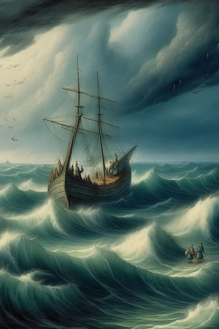 Rain and storm in an ocean with high waves , a ship is sinking , Bosch painting style