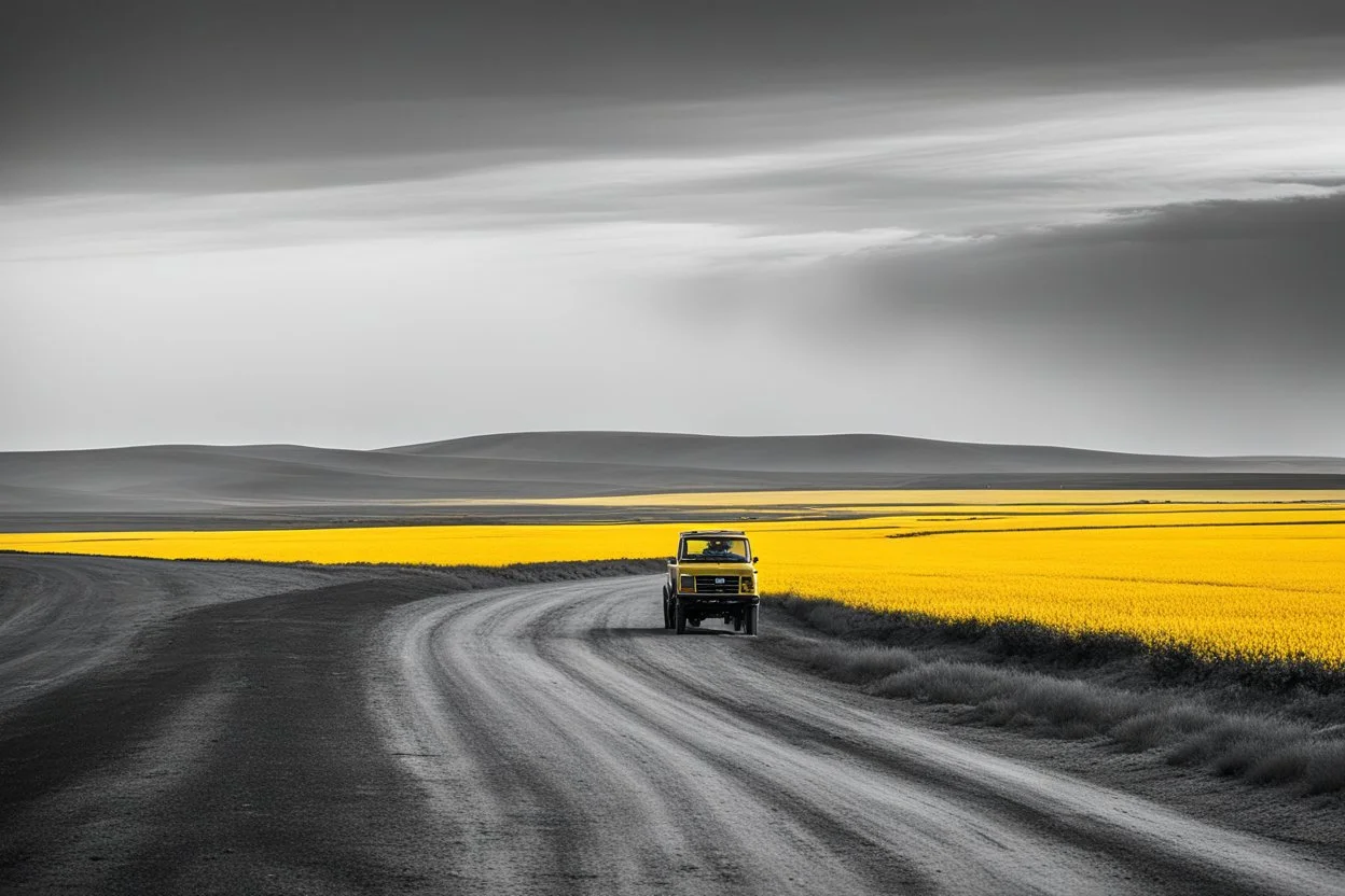 The yellow sky looms over the endless expanse of yellow fields in the West. The dusty road goes from left to right. A small red truck sits parked at two-thirds down the dusty road, a lone beacon of color against the monochrome landscape. The air is heavy with the scent of dry earth and distant memories, the sun beating down relentlessly, casting long shadows that stretch across the arid plains.