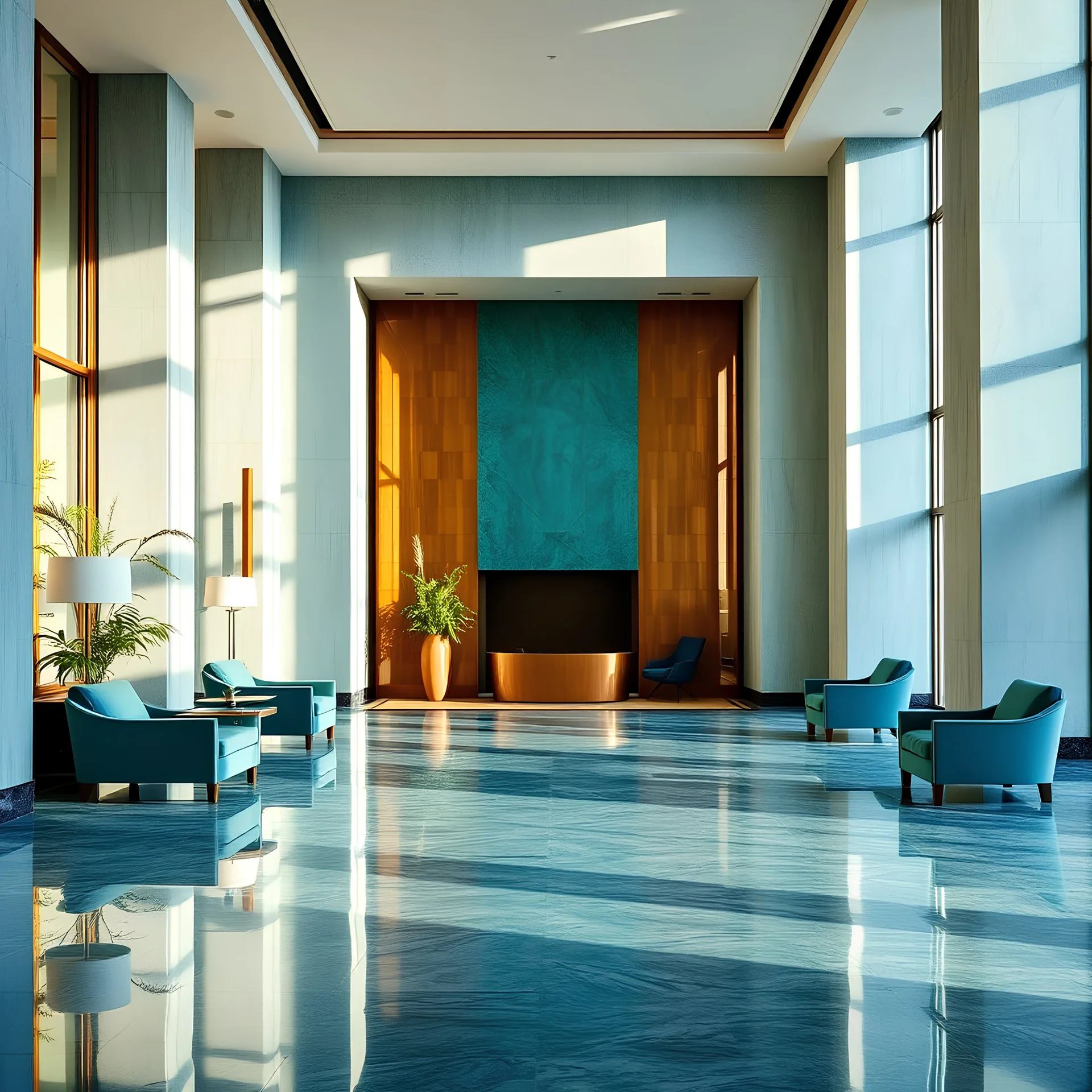 Hotel lobby, by Kelly Hoppen, aquamarine and bronze, morning light, captured by Richard Serra