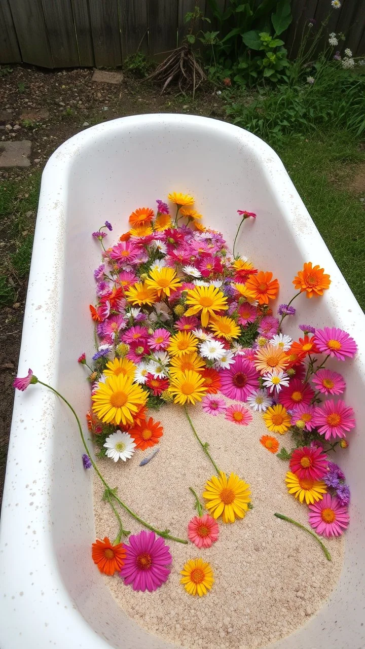 Bathtub filled with colorful flowers with sands some of them are tingling down on the sided, abandoned in a the backyard