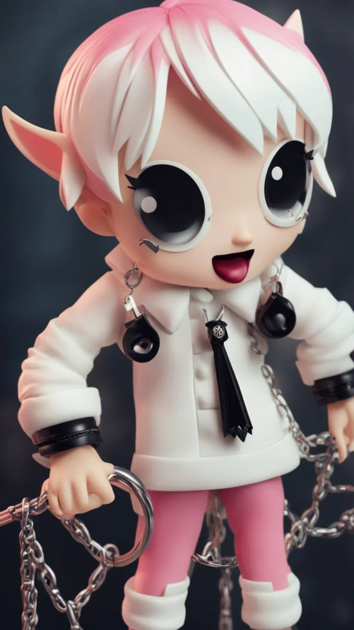 A close picture to blind cute vampire with white and pink short hair, slave, Tusks, malicious smile, Handcuffs, Weapon handcuffs in Stop-motion animation model with dynamic art style witg