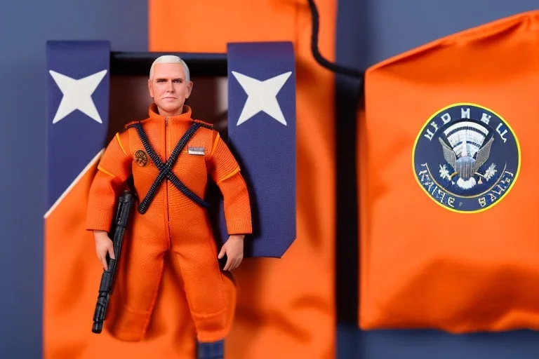 Mike pence G.i. joe toy doll space force uniform inside a blister package hanging on A rack in toystore, fluorescent orange price tag, wide angle shot whole body