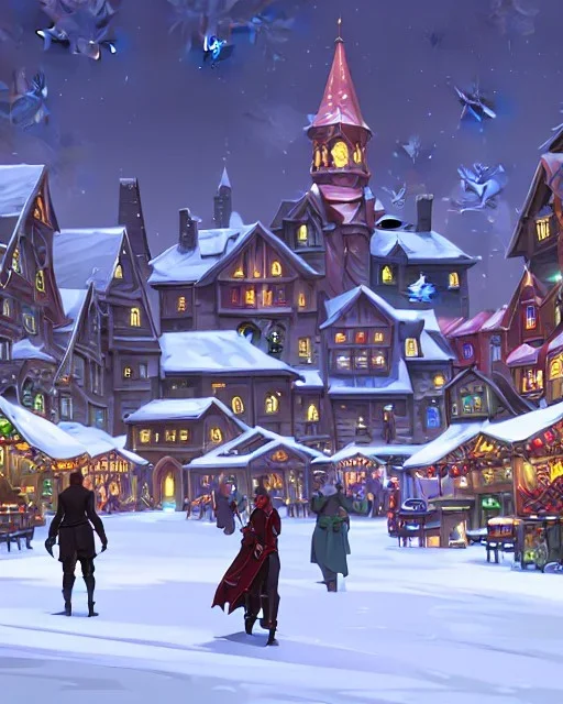 A magical snowy warlock town square with a Christmas market