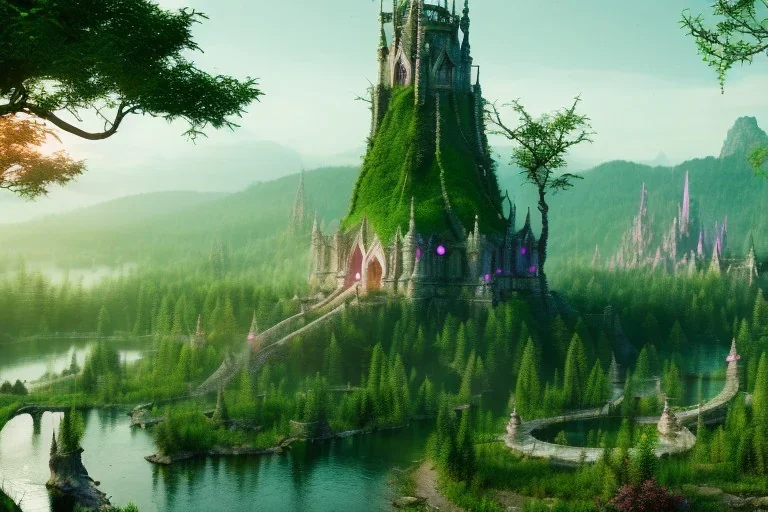 Magical fantasy elven city tower forest rivendell tree flower pink green yellow beautiful nature river 4k full hd