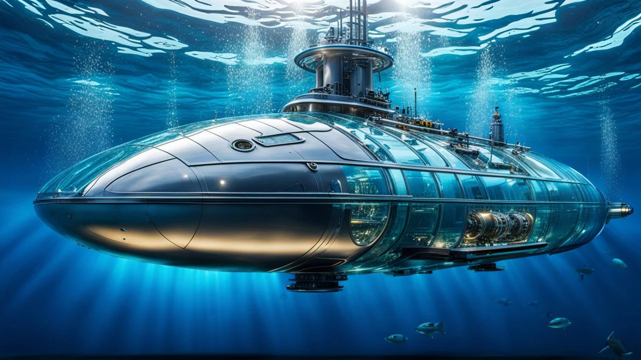 An unique futuristic glass and metal submarine in the ocean, with large of water surrounding it. The submarine bottom positioned in the center of the frame, providing a unique perspective on this streamlined high-techstructure and interior equipment underwater, high detalied, sharp focus, best shot, sci-fi mood