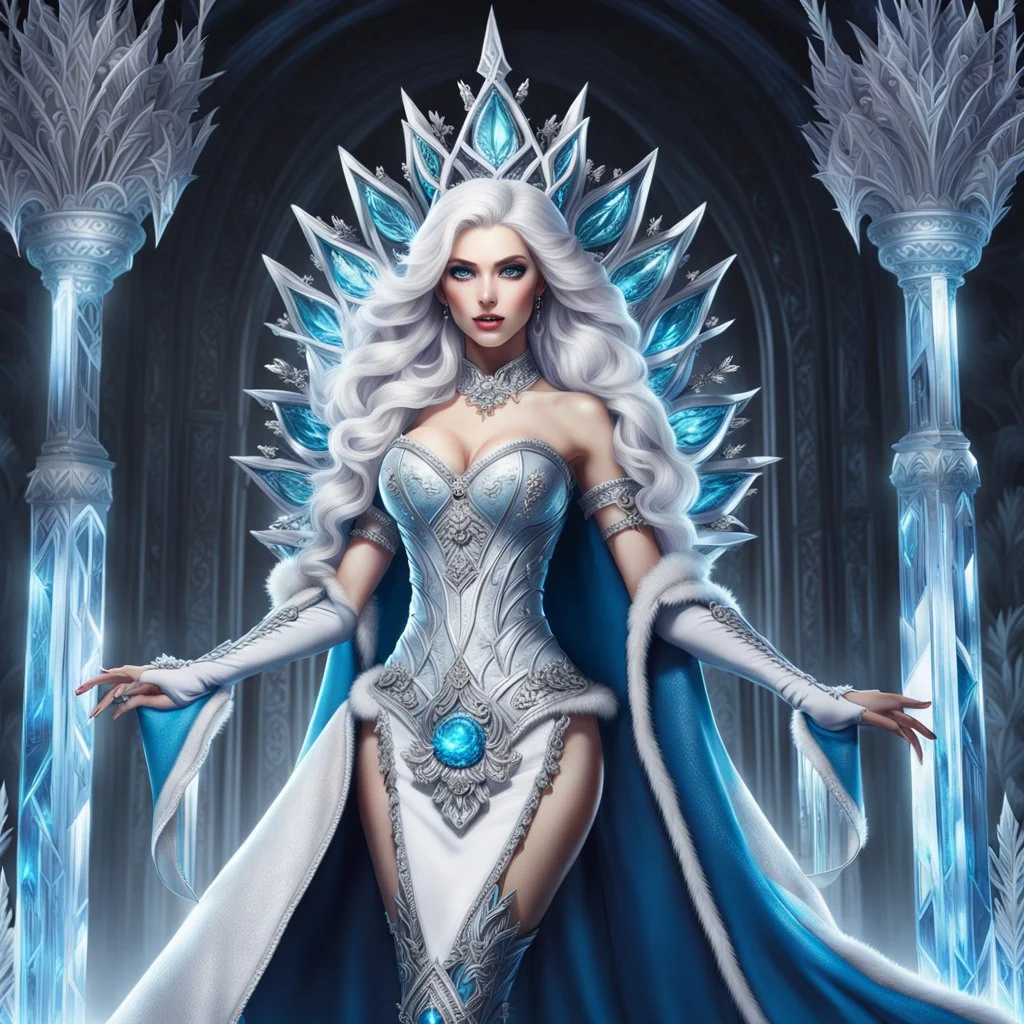 Full body de hermosa y malvada reina del hielo, pelo blanco, ojos azules luminosos, vestimenta intrincada, hiperdetallada, calidad ultra, increíble obra de arte, full body, piernas completas, pies completos