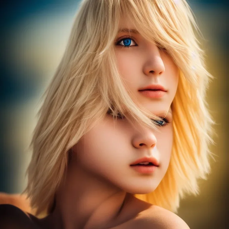 masterpiece, best quality, beautiful boy, beautiful girl, blond flutter hair, highly detailed body, sun light, 4K, RAW, depth of field, high contrast, realistic details, 150mm