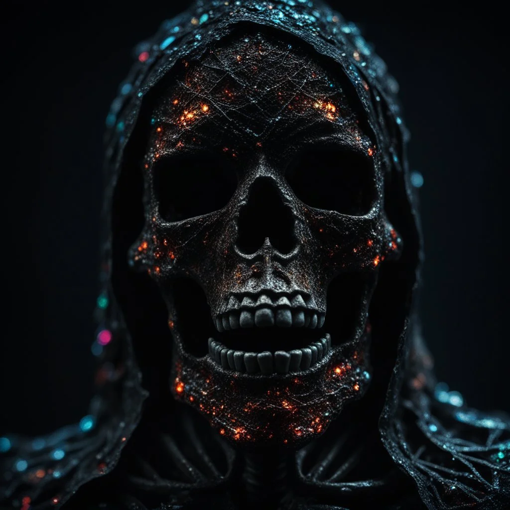 gigantic scarry dark hooded crystal skeleton made of marble, bright colors, glowing sparkle particles, dark tone, sharp focus, contrast, 8k, incredible depth, dramatic lighting, beautifully intricate details, clean environment, epic dynamic scene