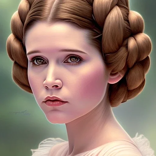 flower framed complete and photo realistic detailed head to waist stunning photo realistic portrait of young carrie fisher as Princess Leia in star wars with photo realistic hairstyle by Mandy Jurgens and mucha and Richard Schmid and chuck close and chie yoshii, extraordinary and detailed ceremony dress of star wars,brown eyes