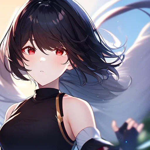 Clear focus,High resolution, black short fluffy hair, long fluffy bangs, and red eyes, Depressed girl, wearing a short black skirt and a crop top that is sleeveless and a cutsleeve and has black short fingerless gloves, tight, Extreme Close up