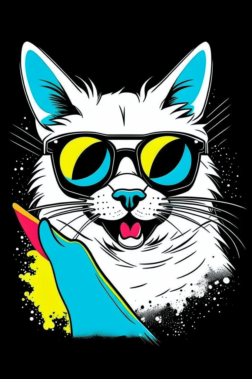 A sleek black cat wearing sunglasses, playfully swatting at a fluffy white dog with a mischievous grin. Style: Pop art, with bold outlines and vibrant colors. Mood: Playful and energetic. Lighting: Bright and flat colors. T-shirt design graphic, vector, contour, white background.