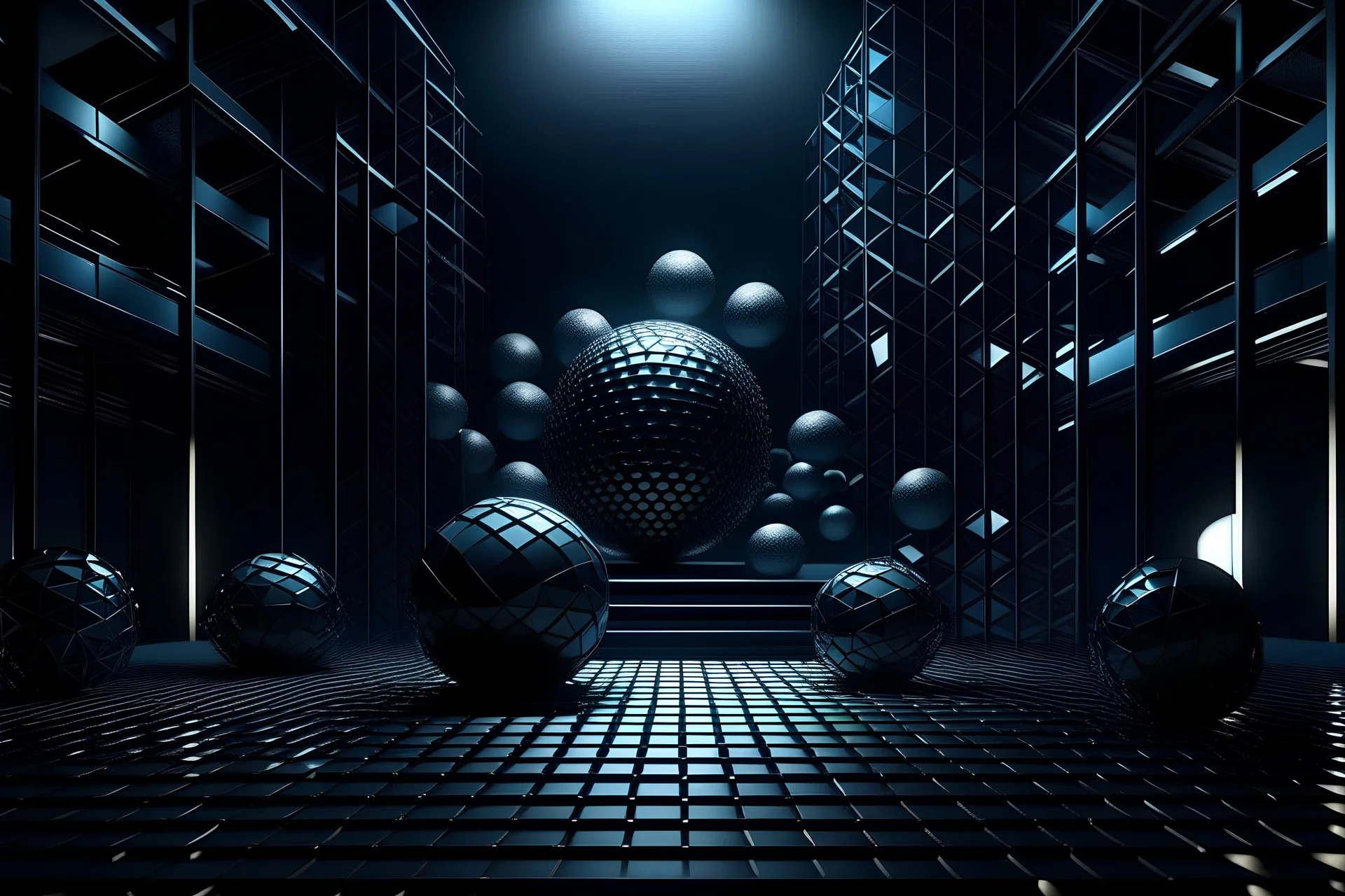 architectural illustration of a hyper crazy aluminum diorama art of the matte black ball squares circles triangles glowing lines motion blur depth of field dark metallic colors light from the left and back hyper shadows octane render