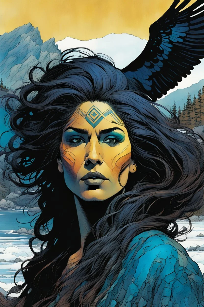 create a wildly conceptual closeup full body print illustration of a female Salish shaman with highly detailed hair and feminine facial features, invoking the Raven along the rocky shore of Vancouver Island , in the comic book art style of Bill Sienkiewicz, Mike Mignola, Sparth, Maxfield Parrish, and Jean Giraud Moebius, finely textured, drawn, colored, and inked, suffused with dramatic natural light