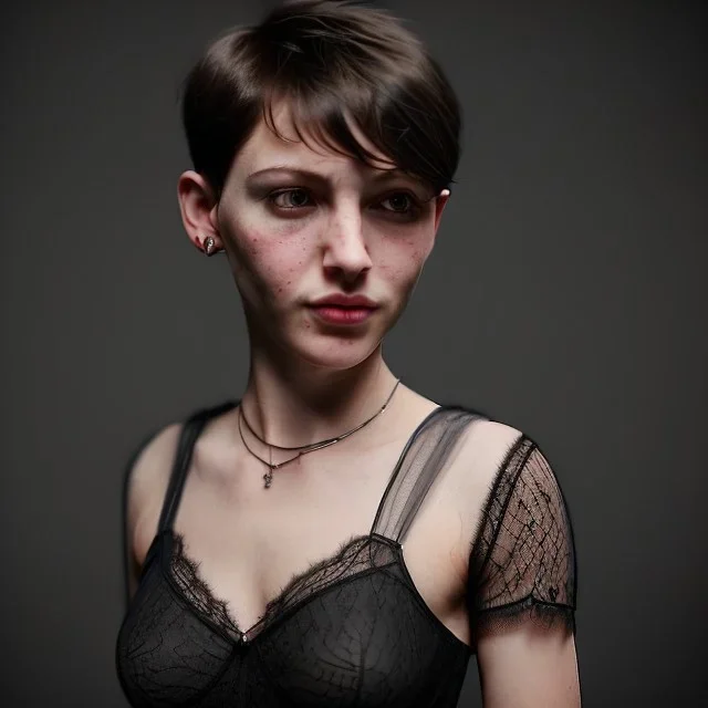 Realistic photo short hair boyish boylike (boyish face) beautiful cleavage lace neckline short haircut thin waist wide hips lacy nightgown the room of a girl who is fond of black magic, with amulets of evil forces and symbols of black magic on the walls