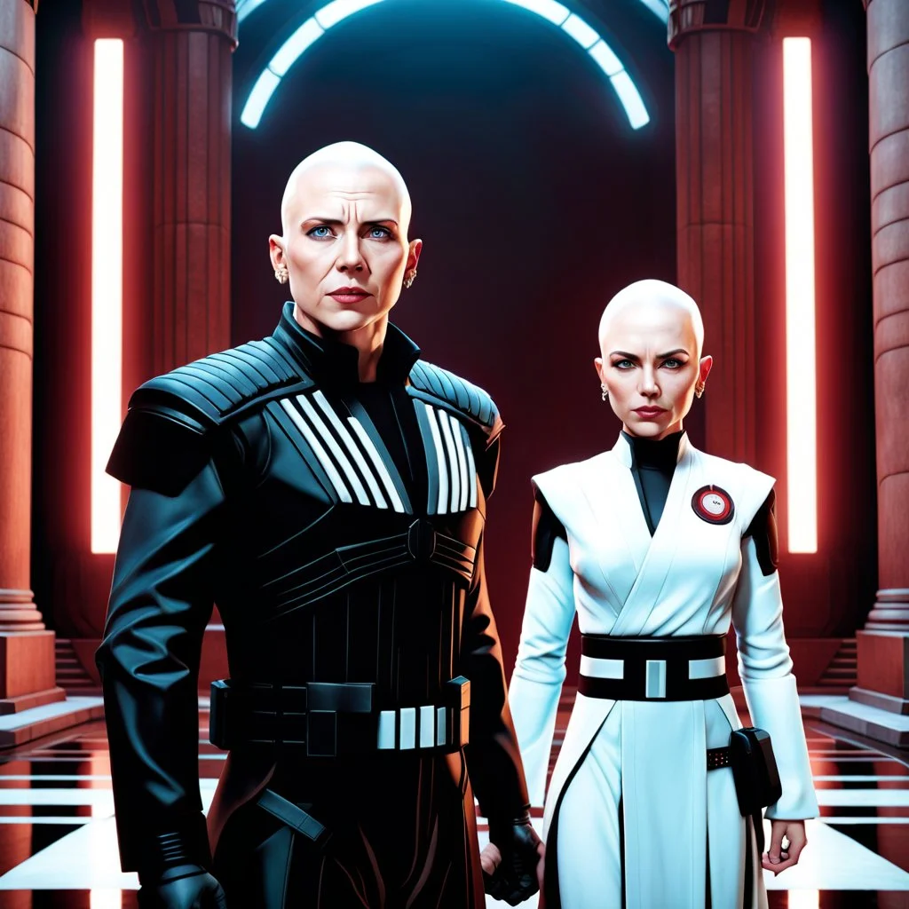 a bold and heroic bald male Corellian pilot in black and metallic grey First Order special forces gear meets a female Jedi Master in ancient, mystical temple, hyperdetailed, dynamic lighting, hyperdetailed background, 8k resolution, volumetric lighting, light skin, fully symmetric details