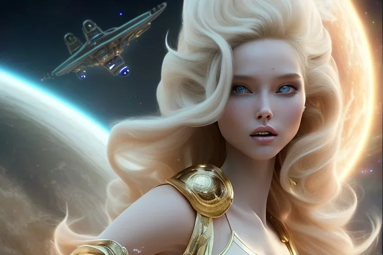  beautiful cosmic woman, long blond hair, nice smiling, magic glamour make up, delicate colors, beautiful glamour galactique dress, ultra sharp focus, 8k, unreal engine 5, extremely sharp detail, light effect, soft light atmosphere of a spaceship, smooth, full of details, face in front, complete vision of face and hair and body