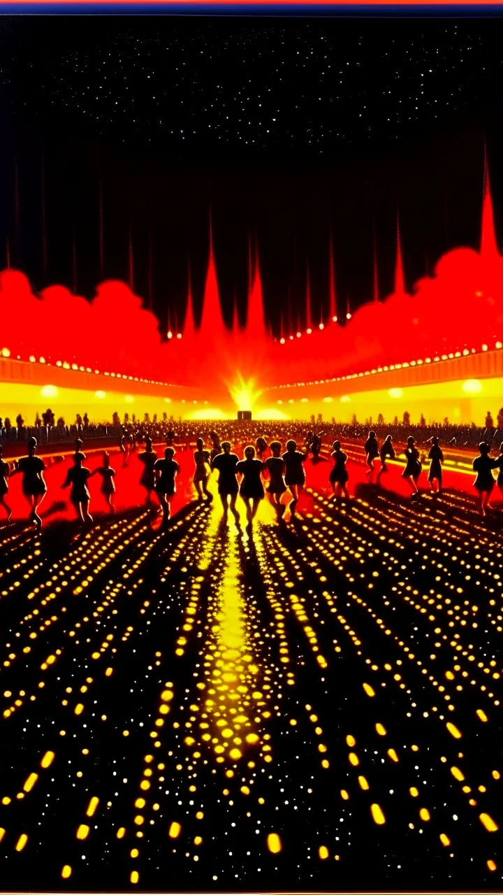 Track of oil with runners made of lights, in the background the crowd is burning, in the style of Alex ross