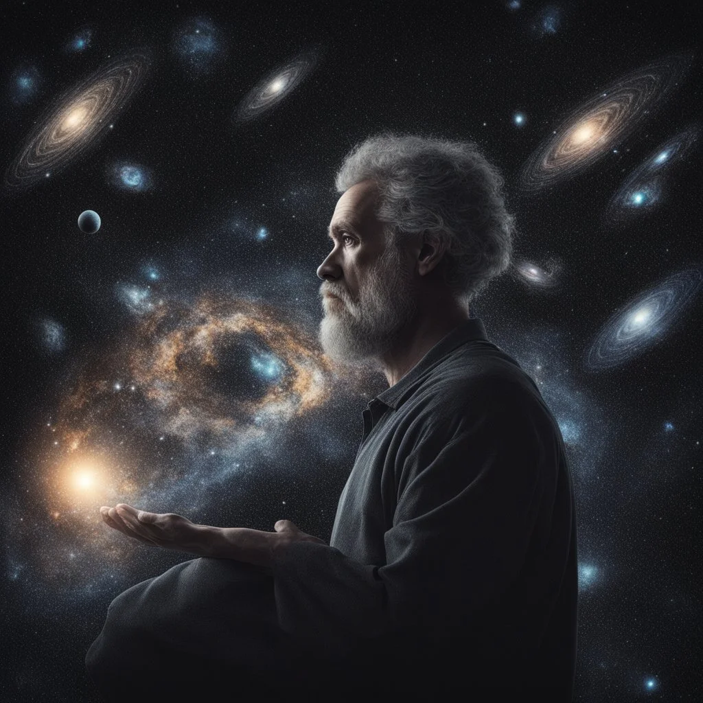 A man with determination who holds all the galaxies in his hand and stares at them