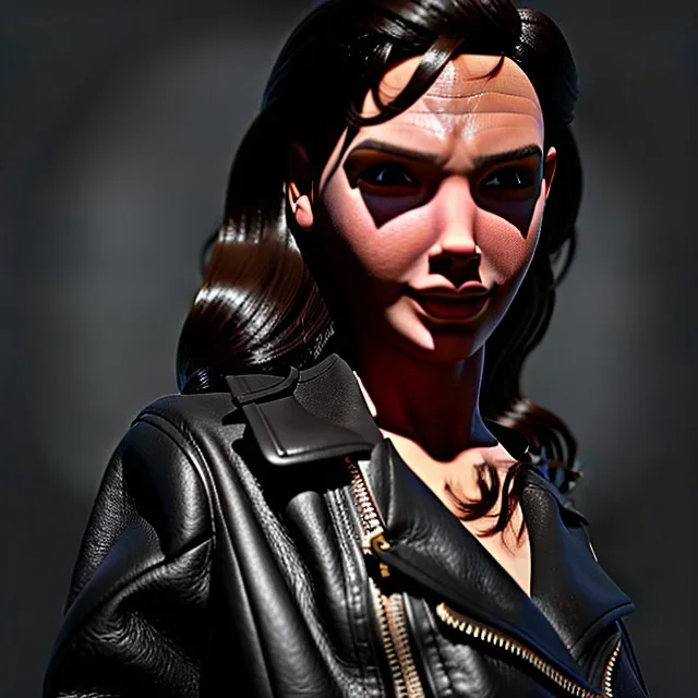 Gal gadot toddler, full body, leather jacket, dramatic lighting, hyper realistic