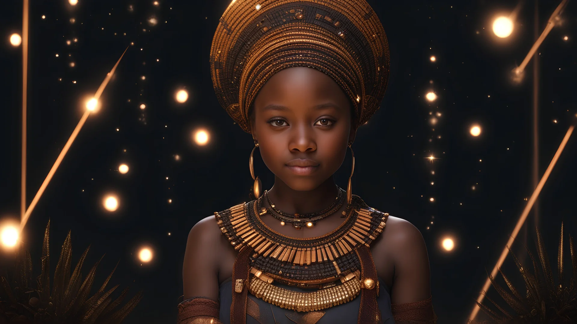 little very young Zulu girl, peaceful, gentle, confident, calm, wise, happy, facing camera, head and shoulders, traditional Zulu costume, perfect eyes, exquisite composition, night scene, fireflies, moon, stars, beautiful intricate insanely detailed octane render, trending on artstation, 8k artistic photography, photorealistic concept art, soft natural volumetric cinematic perfect light, chiaroscuro, award-winning photograph, masterpiece, Raphael, Caravaggio, Bouguereau, Alma-Tadema