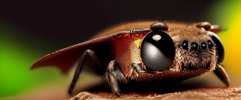 A national geographic award winning photograph of of a bat spider housefly station wagon hybrid in nature and on the hunt,skin color patterned like a poisinous incect or reptile, horrorcore, science gone crazy, in nature and on the hunt, 64k, reds, oranges, and yellows anatomically correct, 3d, organic surrealism, dystopian, photorealisitc, realtime, symmetrical, clean, 4 small compound eyes around two larger compound eyes, surr
