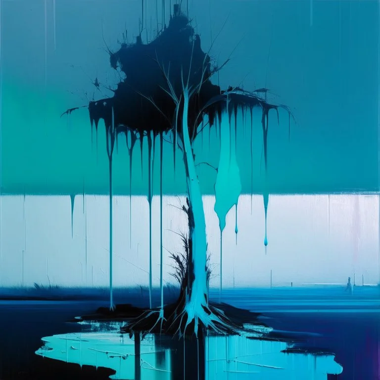 Minimal abstract flat oil painting of a neon large plant in landscape. With triadic blue colours. Dripping paint. In the style of Justin Mortimer and Phil Hale, Ashley Wood