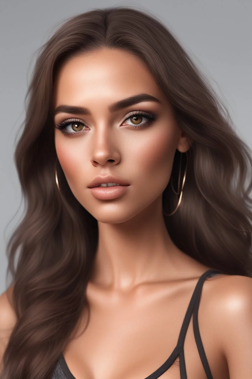 Social media influencer. Hyper realistic. Brunette. Brown eyes. Exotic. Athletic. Glamorous.