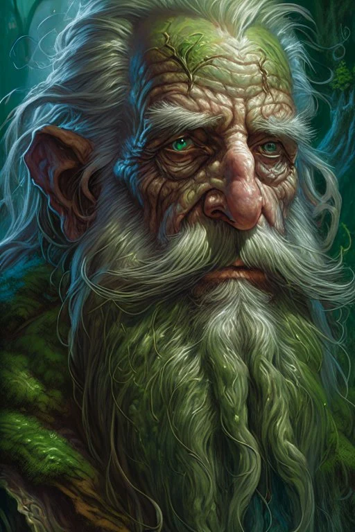 Swamp Thing, real old man with long beard looks like a wizard character, ominous, facepaint, waist up portrait, intricate, oil on canvas, masterpiece, expert, insanely detailed, 4k resolution, retroanime style, cute big circular reflective eyes, cinematic smooth, intricate detail , soft smooth lighting, soft pastel colors, painted Renaissance stylestyle
