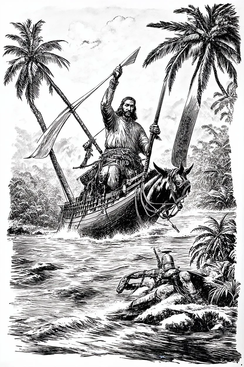 Vasco Núñez de Balboa crossing the panama jungle to the pacific ocean in the style of davinci sketch