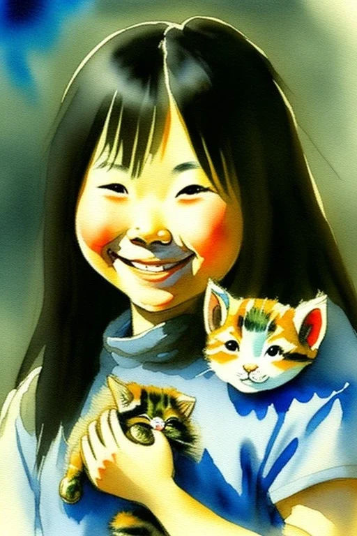 A cute smiling asian girl is holding a kitten. Watercolour