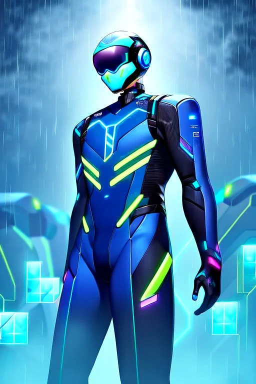 cyberpunk, neon blue, high technology, geometric figures, orbiting figures, cyberpunk suit, black and blue, epic, rain, neon blue suit, geometric figures orbiting around suit, exosuit, male