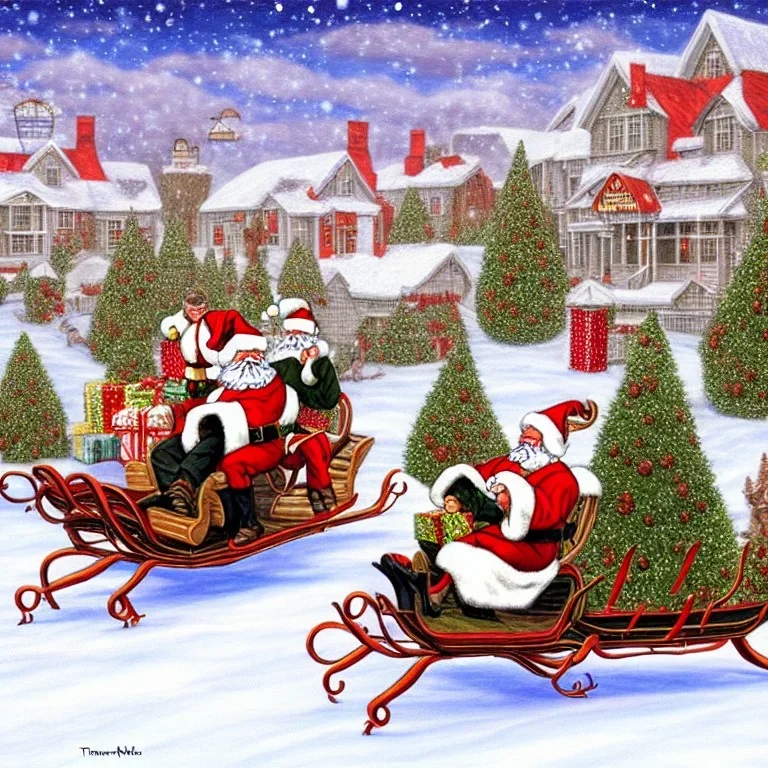 art by thomas kincaid, giant spiders pulling a sleigh for santa claus