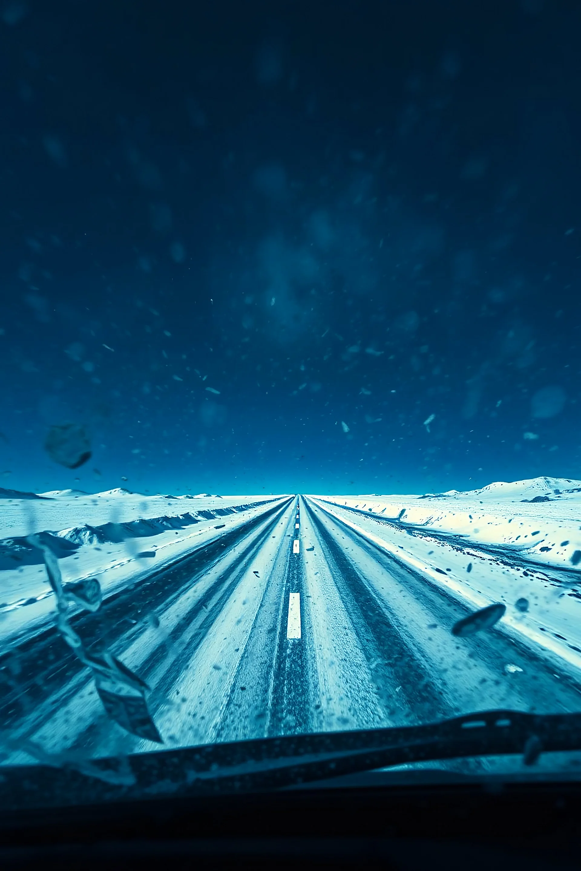 surreal road in space seen through a dirty truck front window, dirty blue snow and wind
