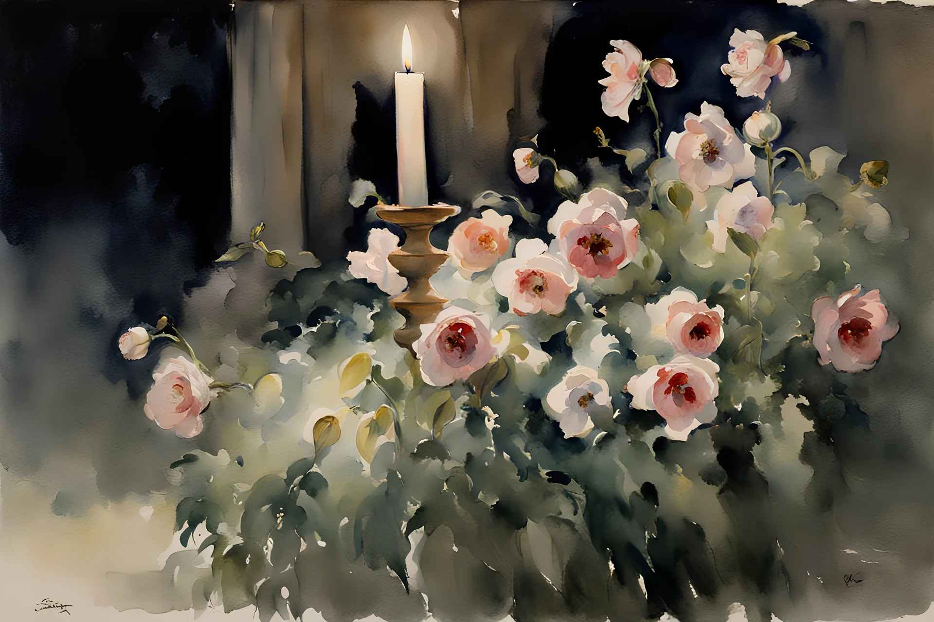 Night, flowers, gothic influence, john singer sargent watercolor paintings