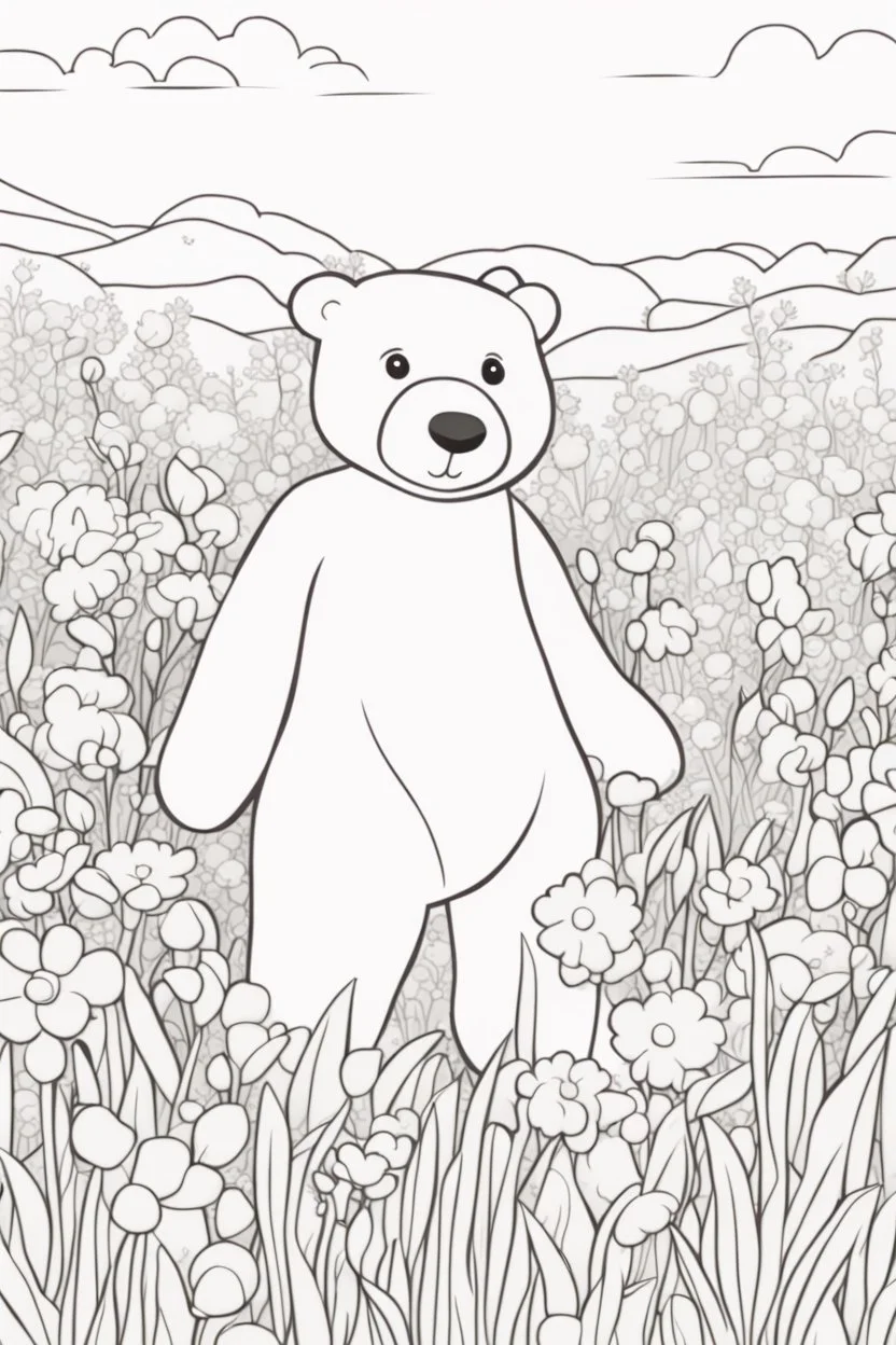 kids coloring page, stuffed bear in a field of flowers, cartoon style, thick lines, low detail, no shading