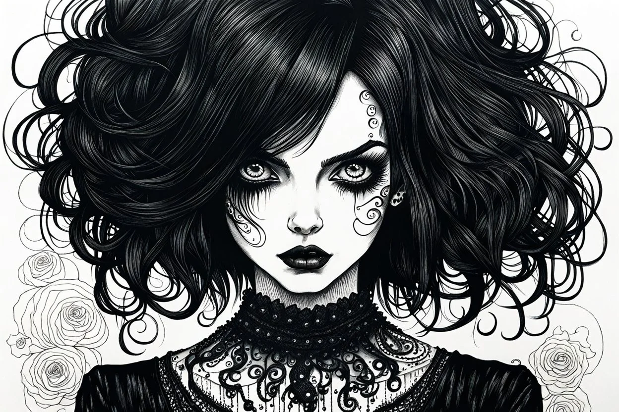 create a disturbing horror pen and ink sketch of a dark haired, savage, gothpunk vampire girl with highly detailed , sharply defined hair and facial features, in a dark, otherworldly London in the style of Junji Ito, precisely drawn, inked, with dramatic edges,