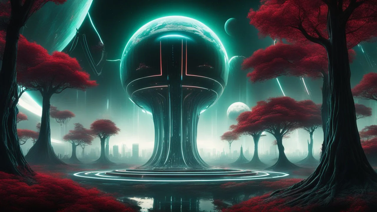 hyper realistic, tron legacy movie, space ships of the future, city of the future, green nad dark red trees , forest, space, planets, god status creations of the universe